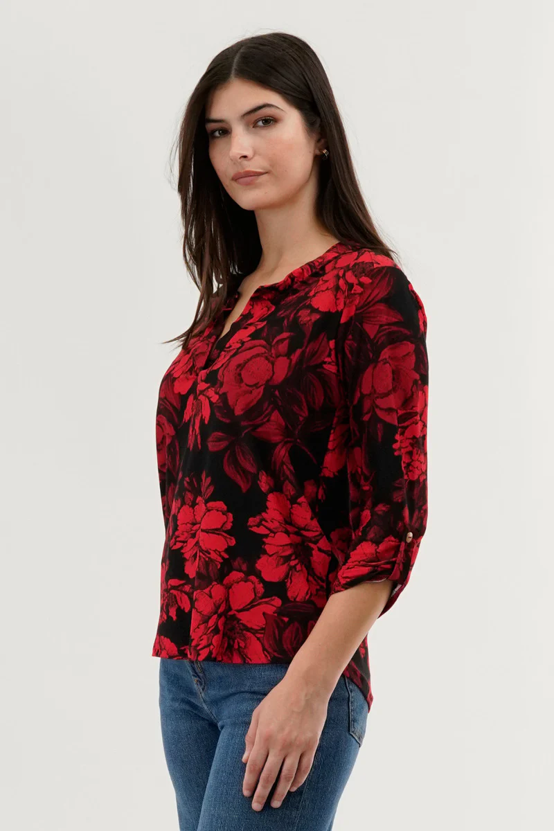 Beechers Brook Floral Split Neck Blouse - Red - Image 2