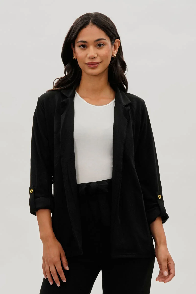 Majora Roll Up Sleeve Open Blazer - Black