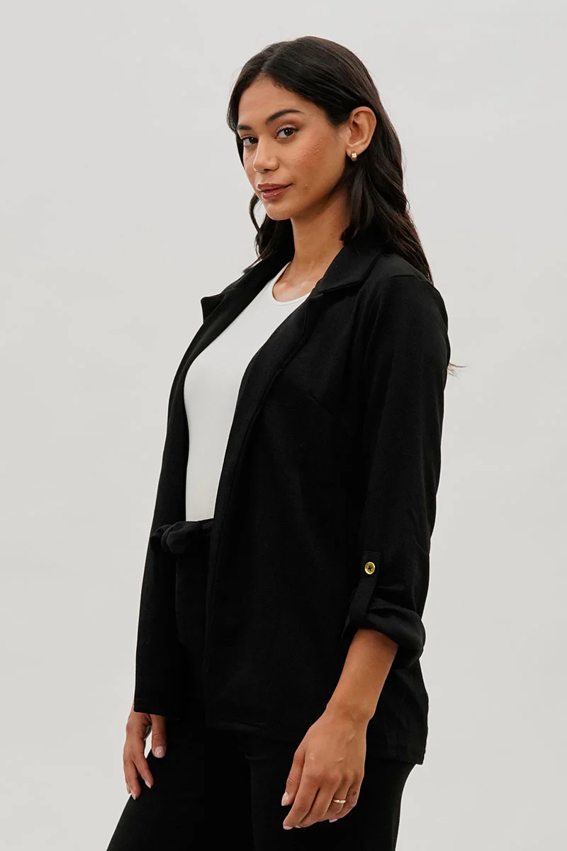 Majora Roll Up Sleeve Open Blazer - Black - Image 2