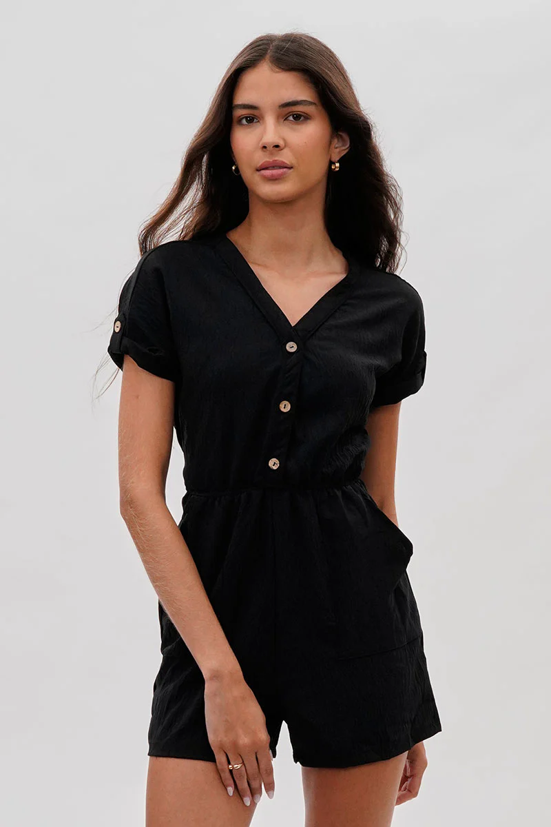 Stylexchange Vintage Back Tie Button Up Romper - Black