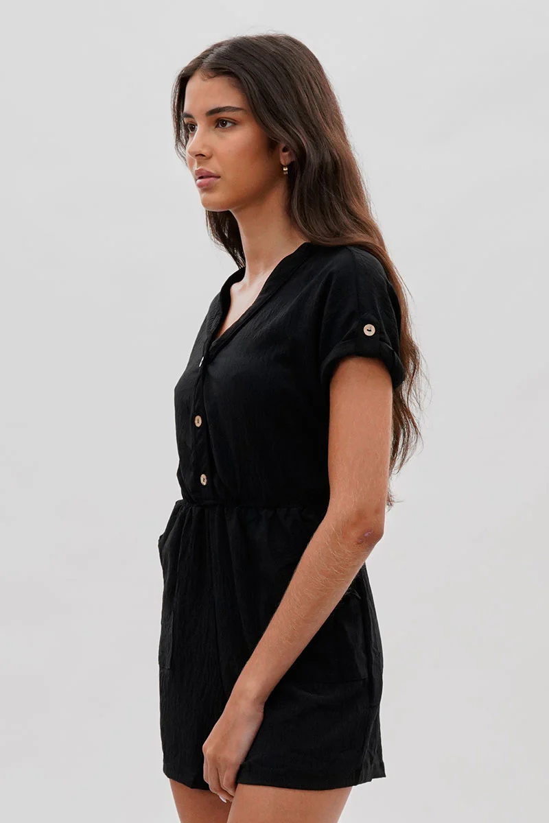 Stylexchange Vintage Back Tie Button Up Romper - Black - Image 2