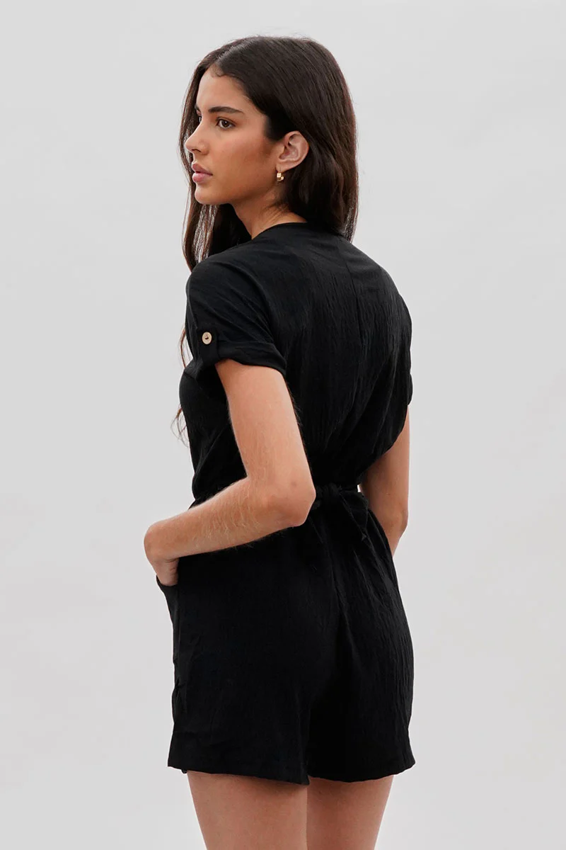 Stylexchange Vintage Back Tie Button Up Romper - Black - Image 3