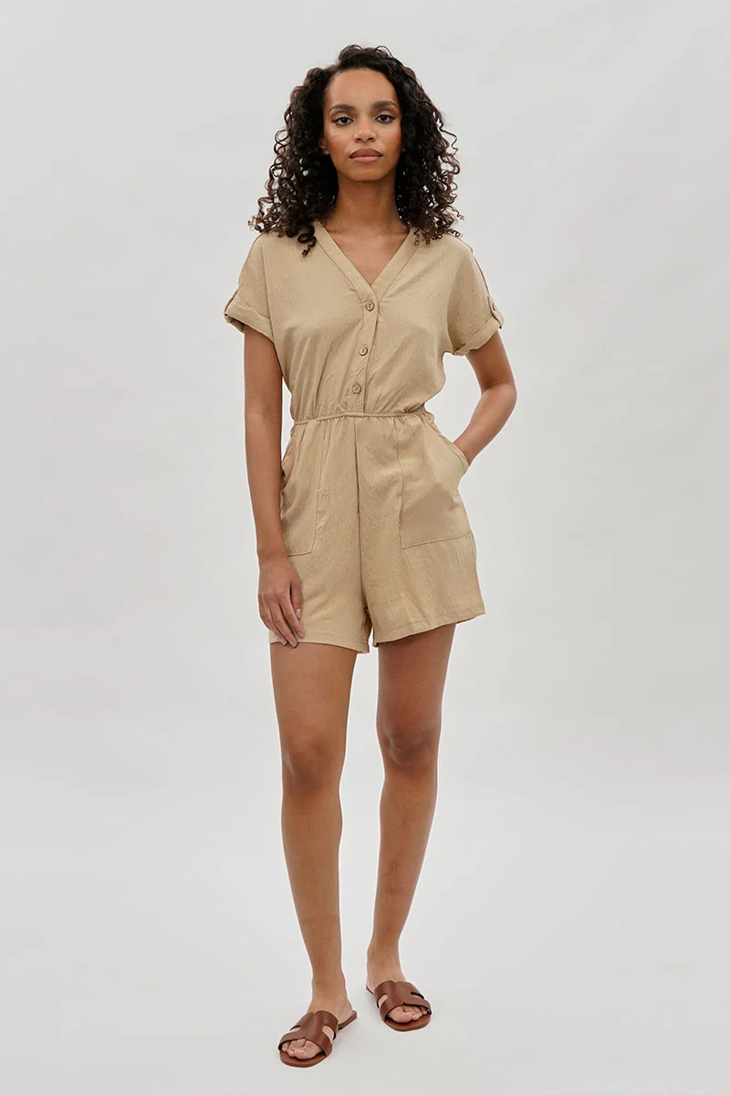 Stylexchange Vintage Back Tie Button Up Romper - Beige - Image 5