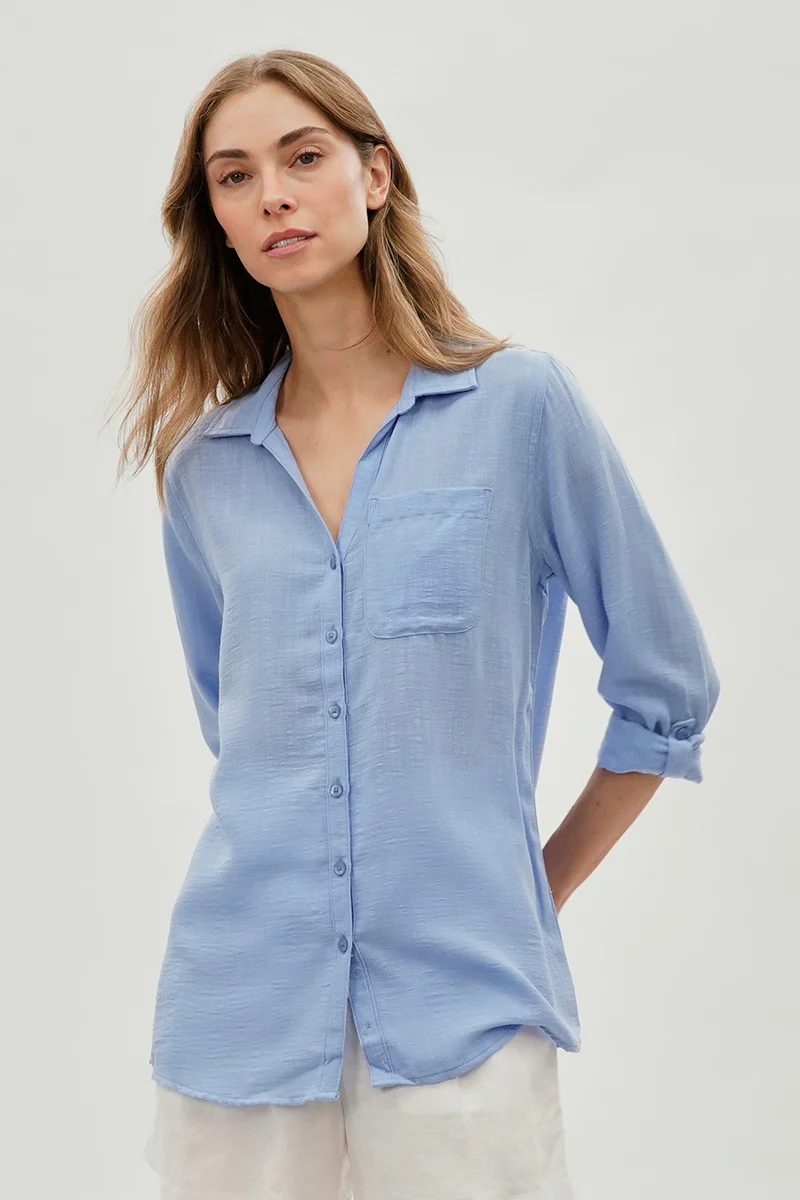 Super Triple Goose Vintage Textured Button Up Shirt - Blue