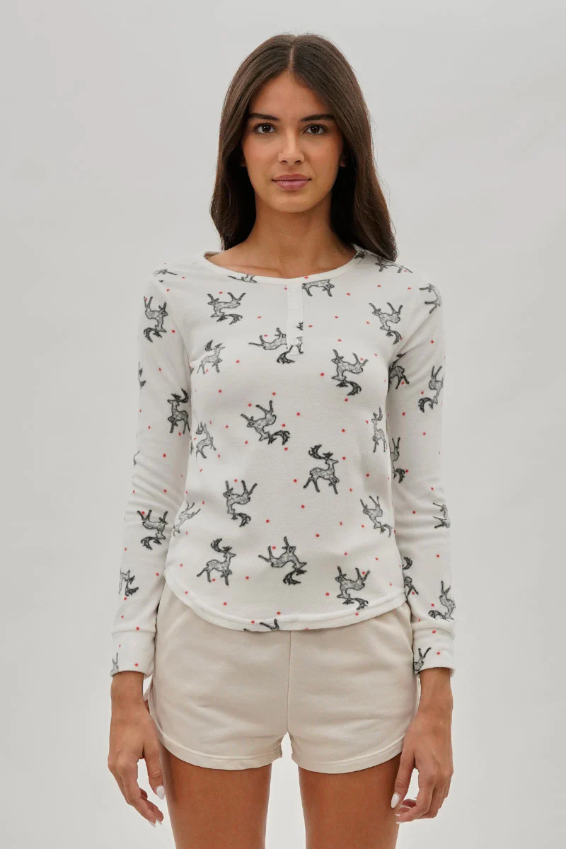 Canada Weather Gear Reindeer Print Henley Pajama Top - White