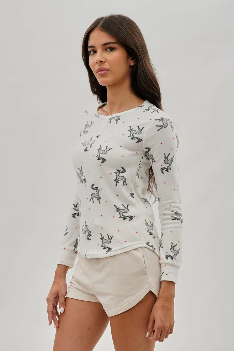 Canada Weather Gear Reindeer Print Henley Pajama Top - White - Image 2