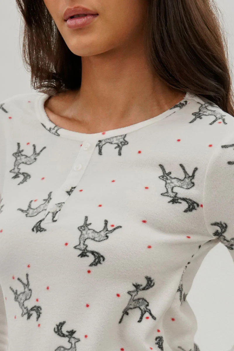 Canada Weather Gear Reindeer Print Henley Pajama Top - White - Image 4
