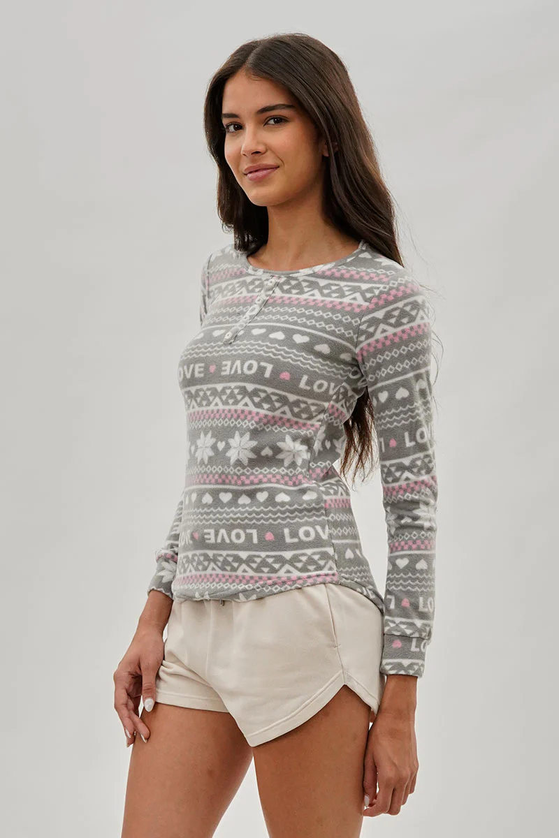 Canada Weather Gear Festive Print Henley Pajama Top - Grey - Image 2