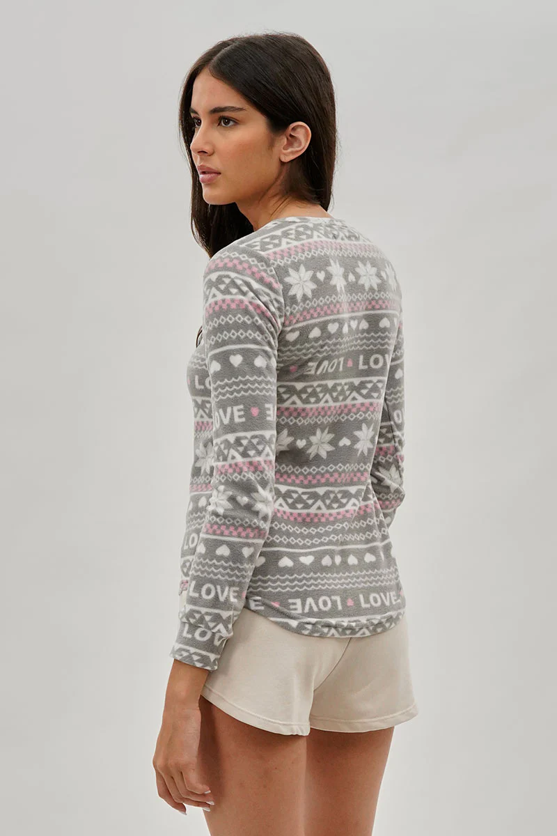 Canada Weather Gear Festive Print Henley Pajama Top - Grey - Image 3