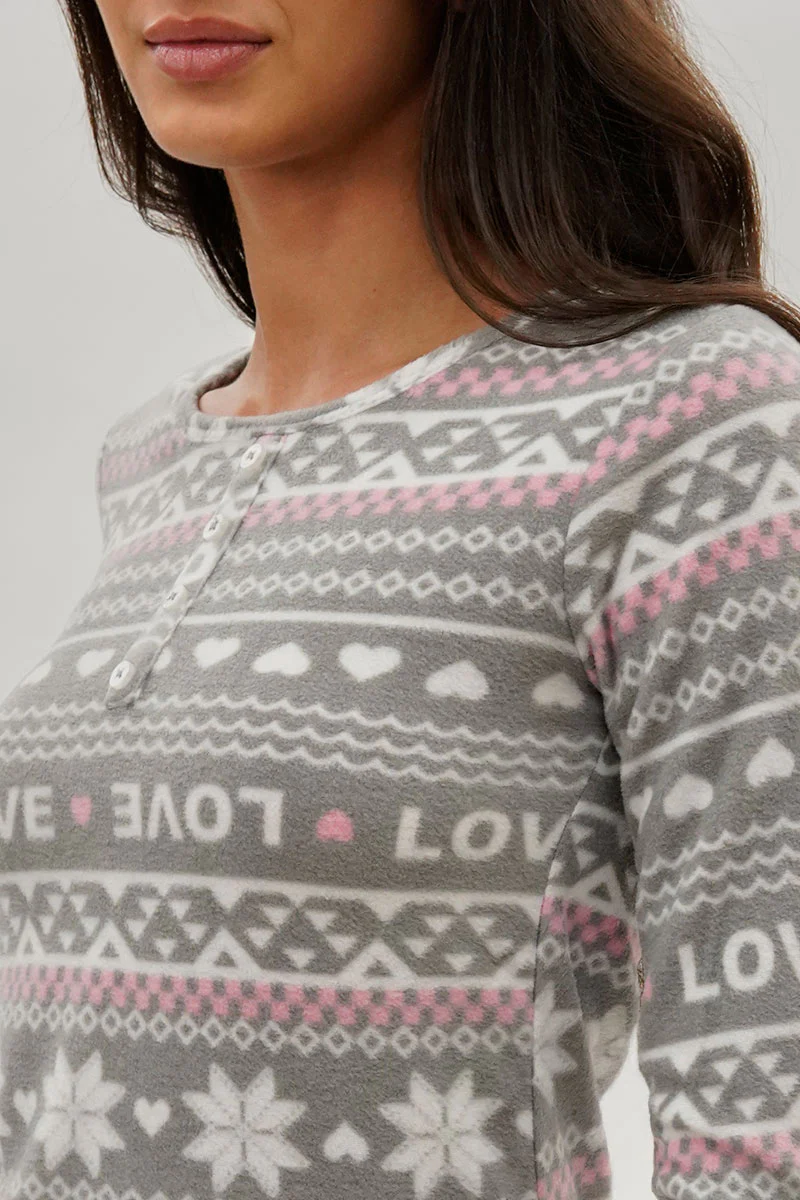 Canada Weather Gear Festive Print Henley Pajama Top - Grey - Image 4
