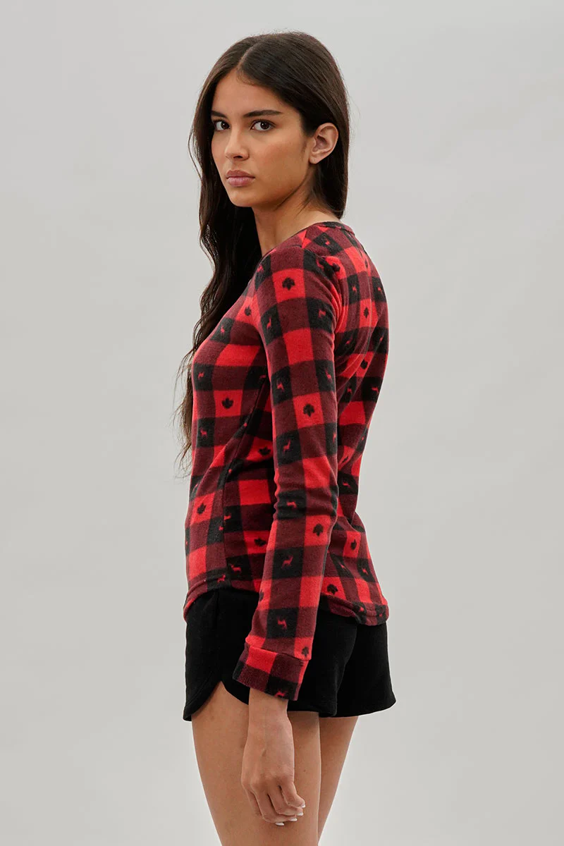 Canada Weather Gear Plaid Leaf Print Henley Pajama Top - Red - Image 3