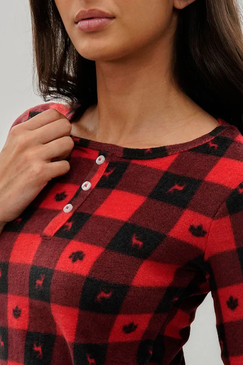 Canada Weather Gear Plaid Leaf Print Henley Pajama Top - Red - Image 4