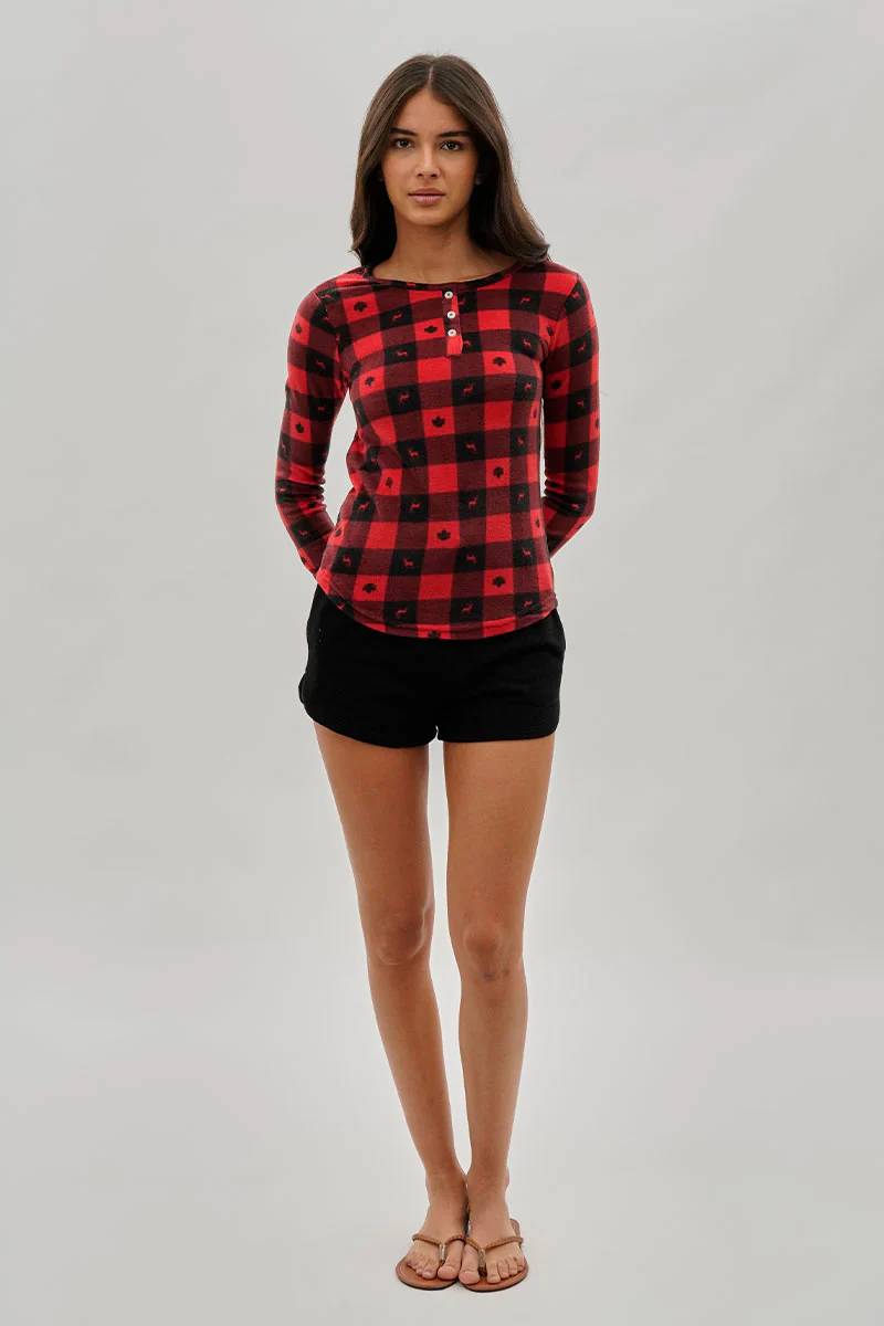 Canada Weather Gear Plaid Leaf Print Henley Pajama Top - Red - Image 5