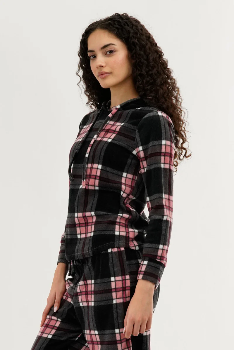 Canada Weather Gear Plaid Hooded Pajama Top - Black - Image 2
