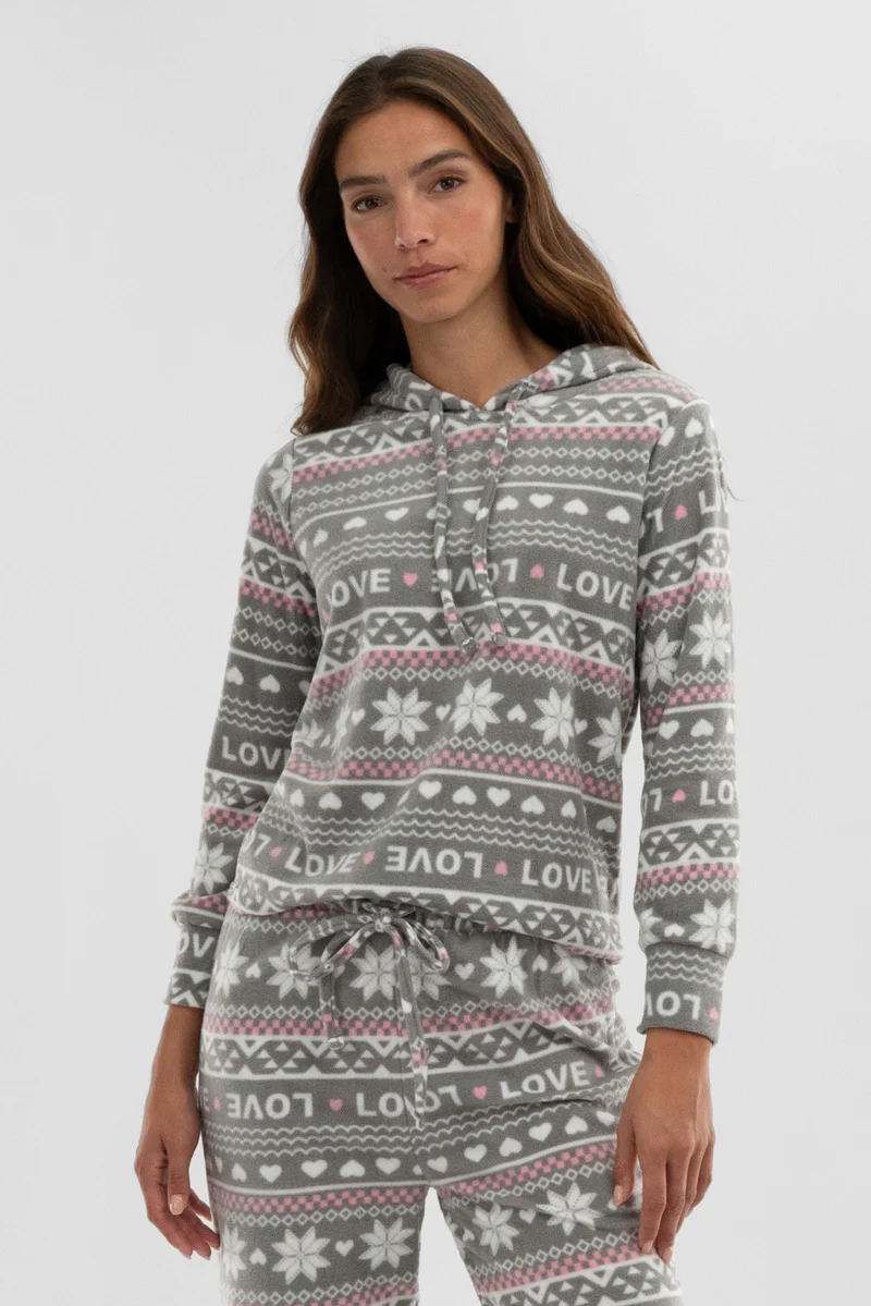 Canada Weather Gear Festive Print Hooded Pajama Top - Grey