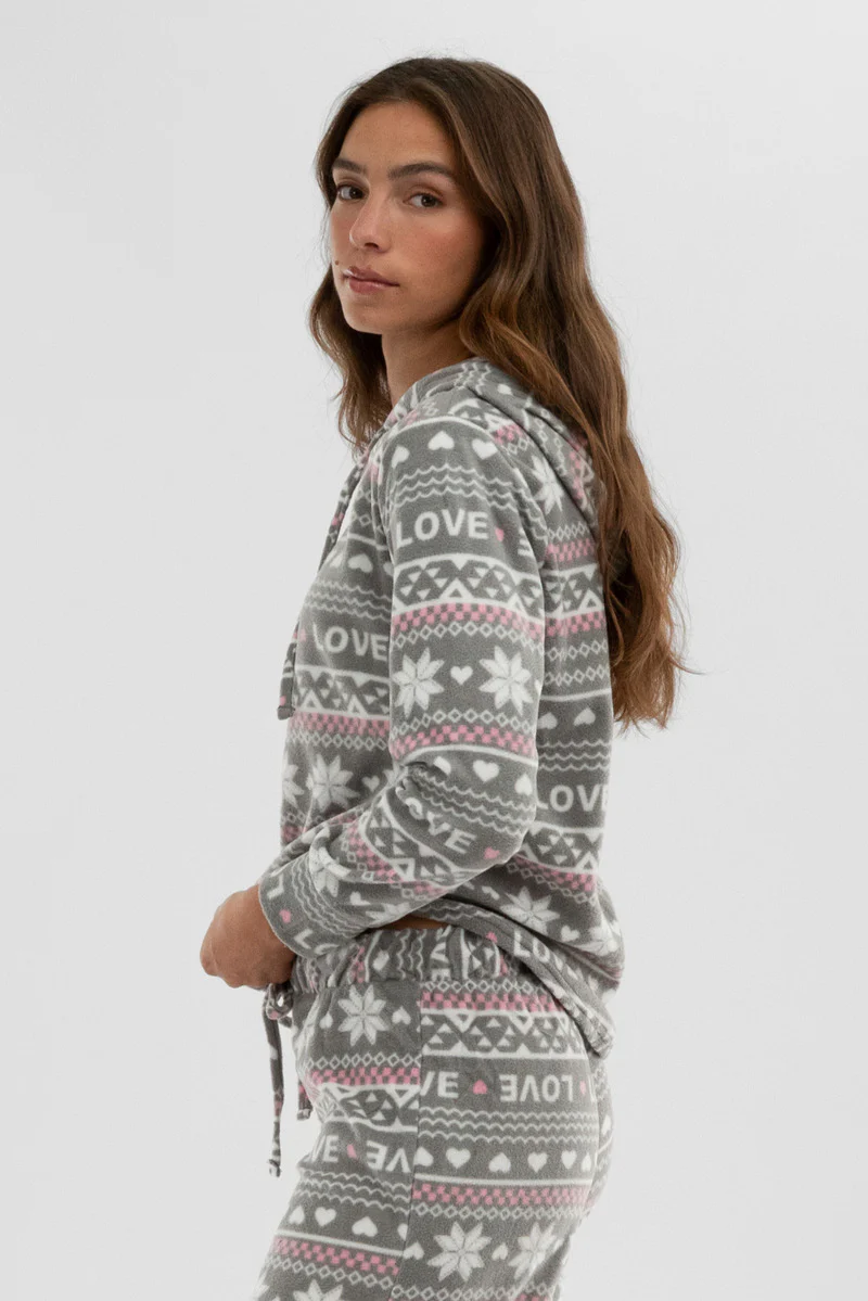 Canada Weather Gear Festive Print Hooded Pajama Top - Grey - Image 2