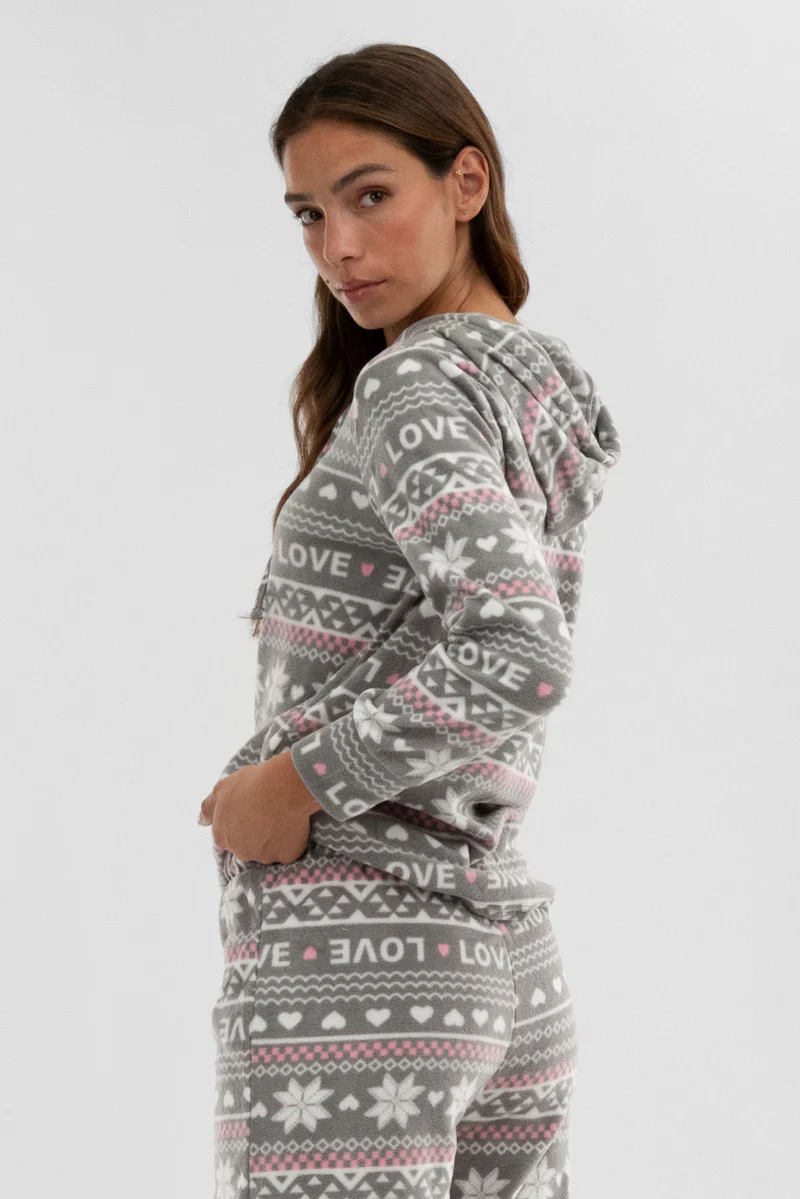 Canada Weather Gear Festive Print Hooded Pajama Top - Grey - Image 3