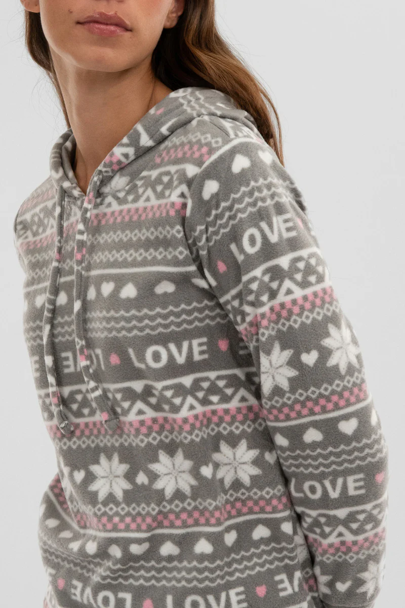 Canada Weather Gear Festive Print Hooded Pajama Top - Grey - Image 4