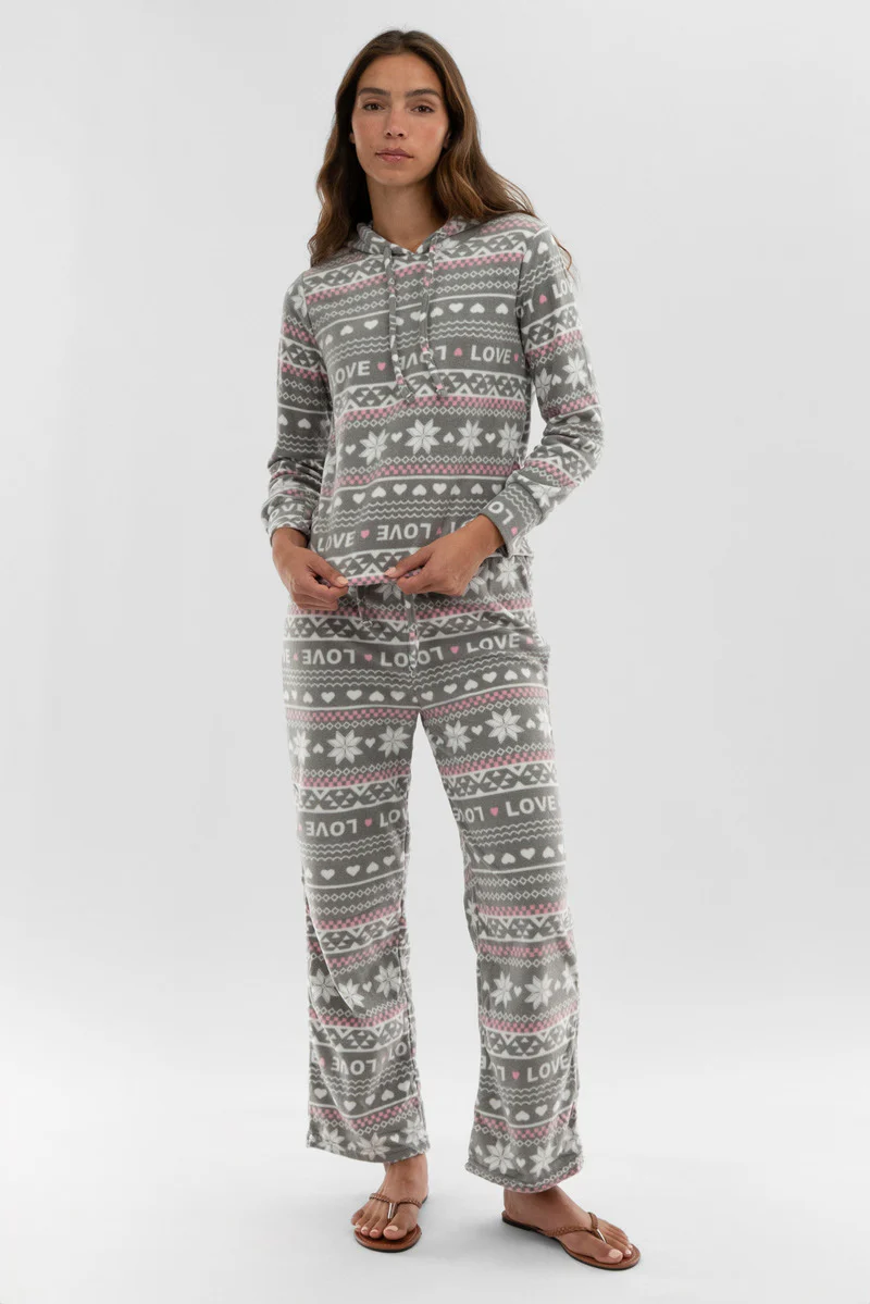 Canada Weather Gear Festive Print Hooded Pajama Top - Grey - Image 5