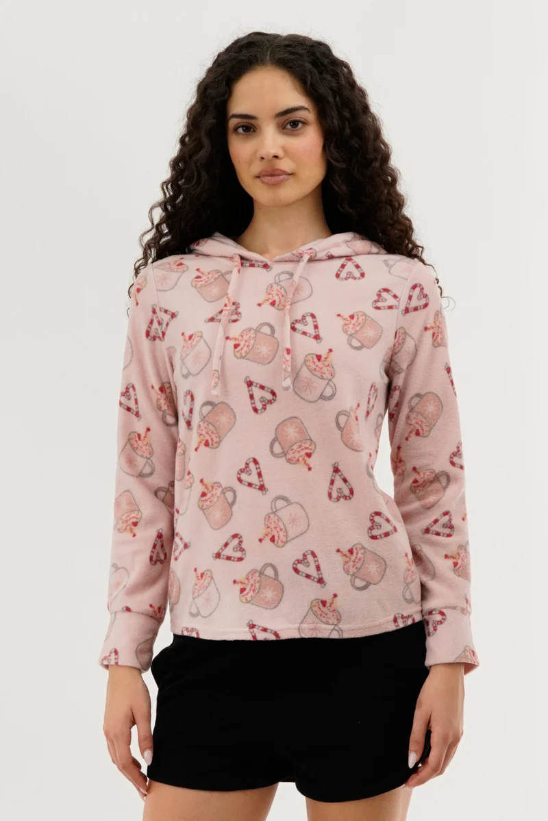 Canada Weather Gear Festive Print Hooded Pajama Top - Pink