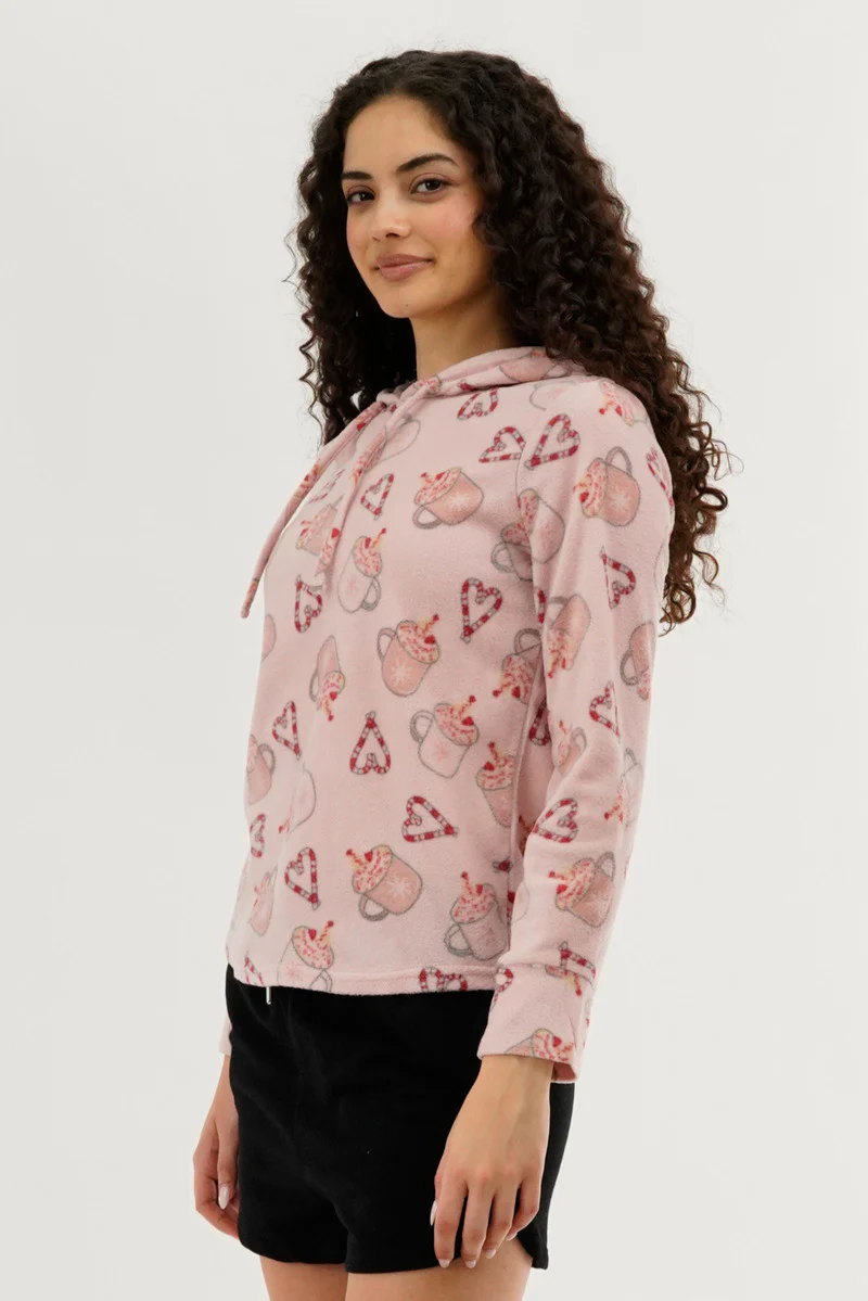 Canada Weather Gear Festive Print Hooded Pajama Top - Pink - Image 2