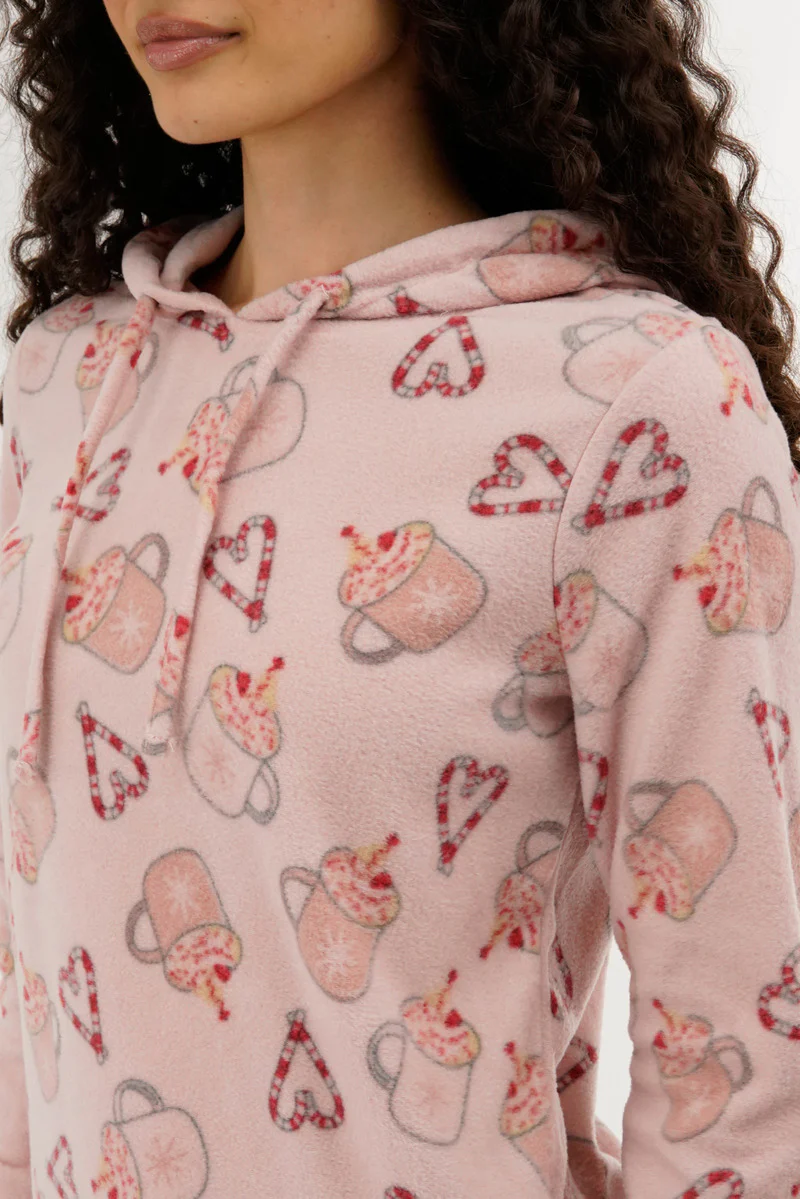 Canada Weather Gear Festive Print Hooded Pajama Top - Pink - Image 4