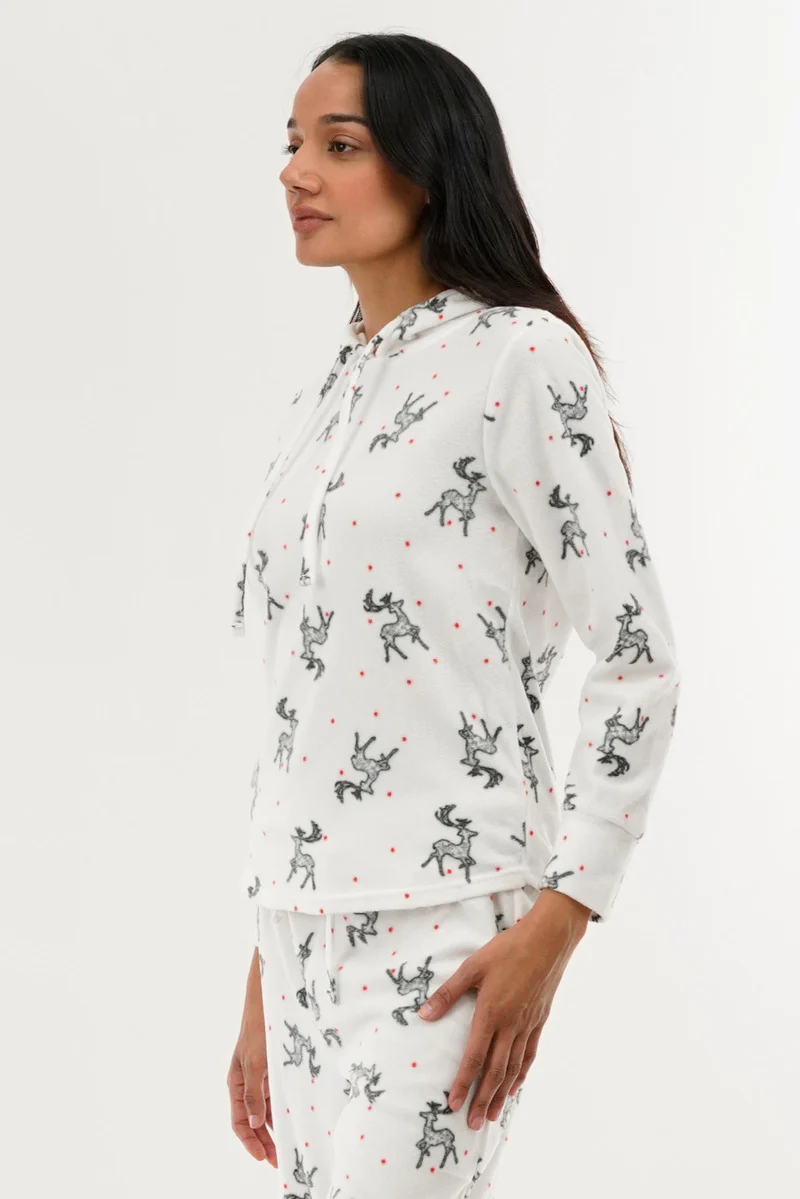 Canada Weather Gear Reindeer Print Hooded Pajama Top - White - Image 2