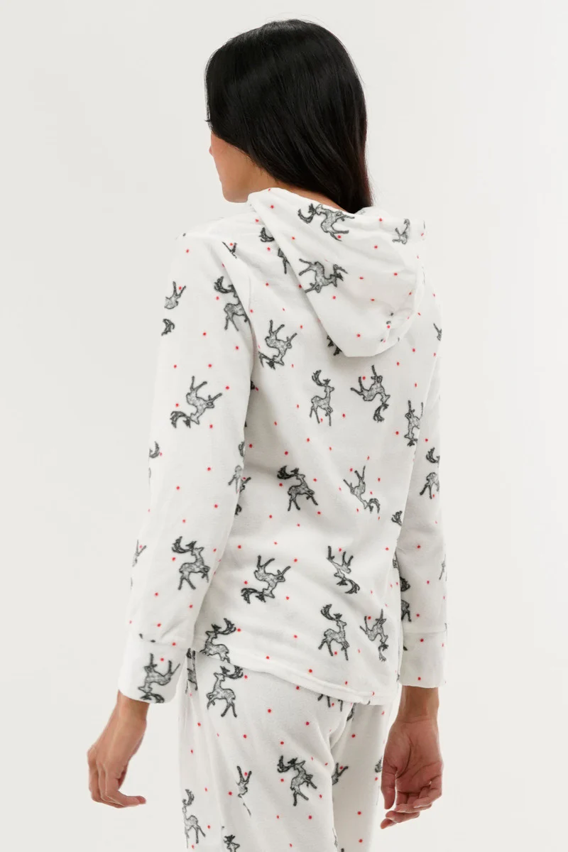 Canada Weather Gear Reindeer Print Hooded Pajama Top - White - Image 3