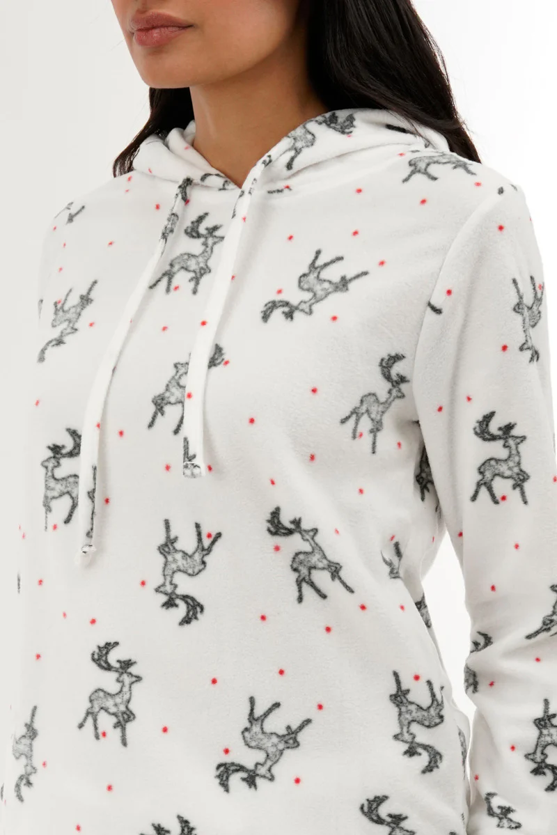 Canada Weather Gear Reindeer Print Hooded Pajama Top - White - Image 4