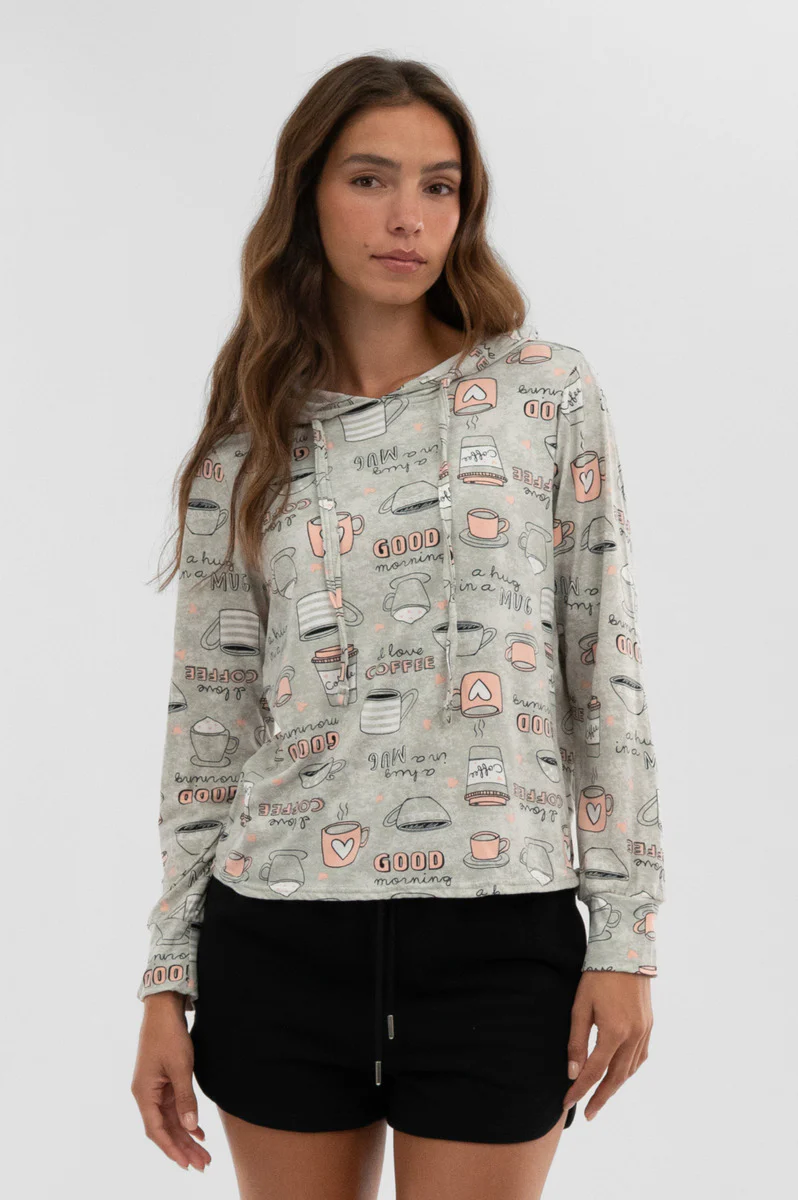 Canada Weather Gear Coffee Print Hooded Pajama Top - Grey