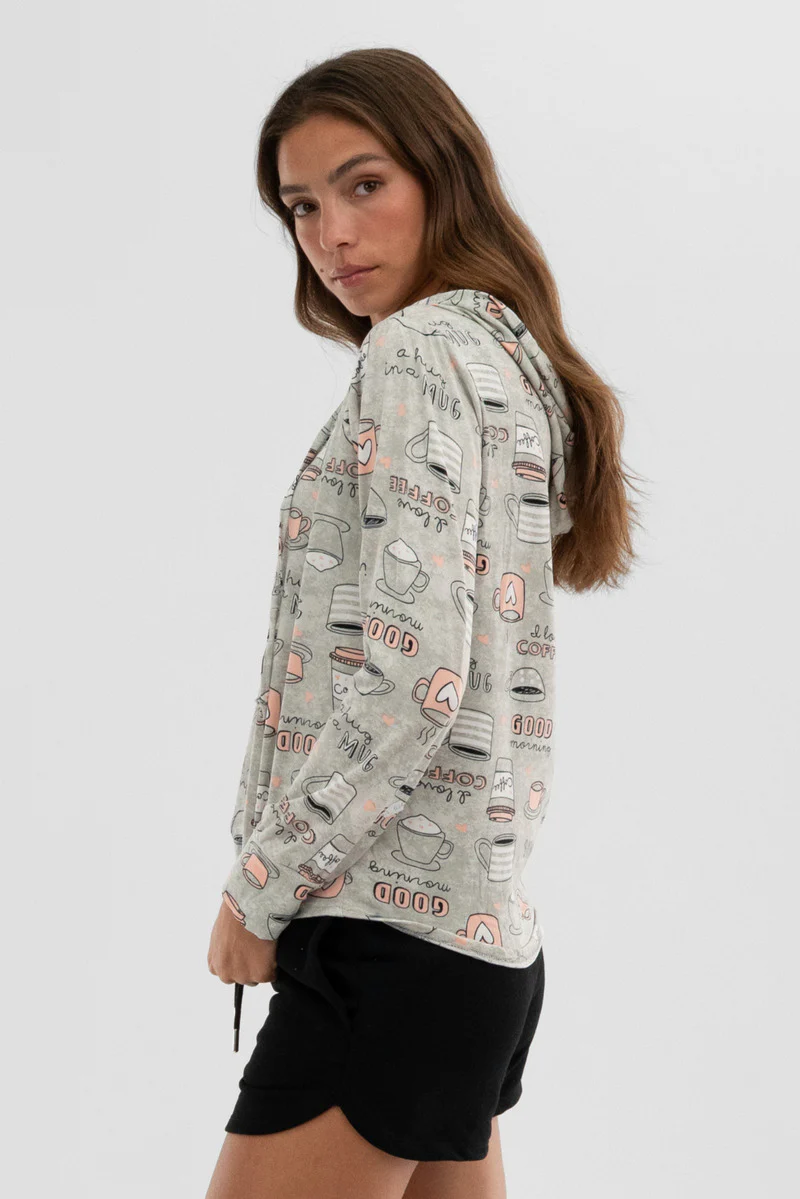 Canada Weather Gear Coffee Print Hooded Pajama Top - Grey - Image 2