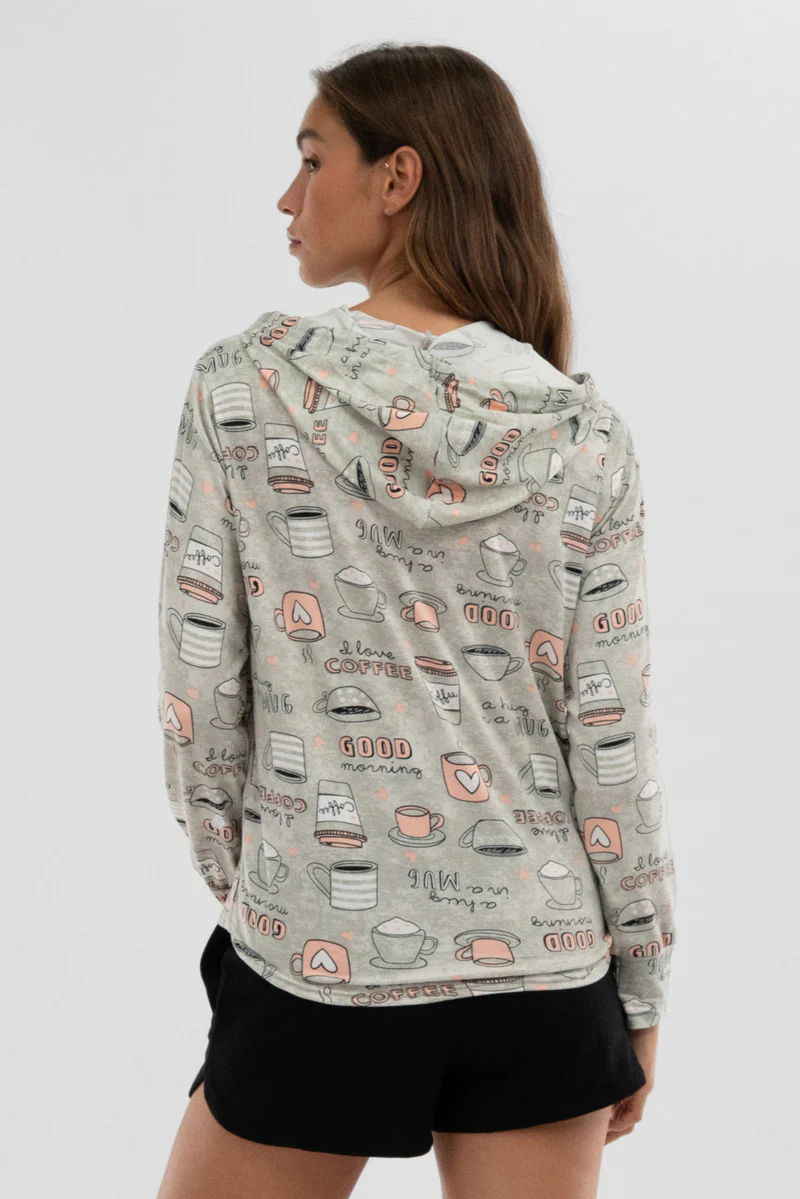 Canada Weather Gear Coffee Print Hooded Pajama Top - Grey - Image 3