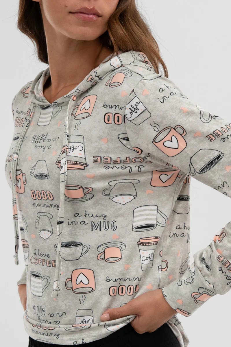 Canada Weather Gear Coffee Print Hooded Pajama Top - Grey - Image 4
