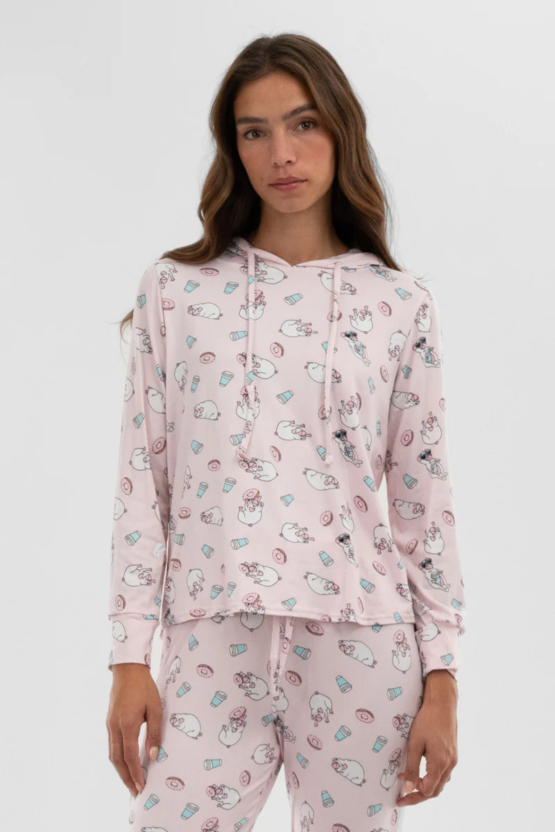 Canada Weather Gear Dog Print Hooded Pajama Top - Blush