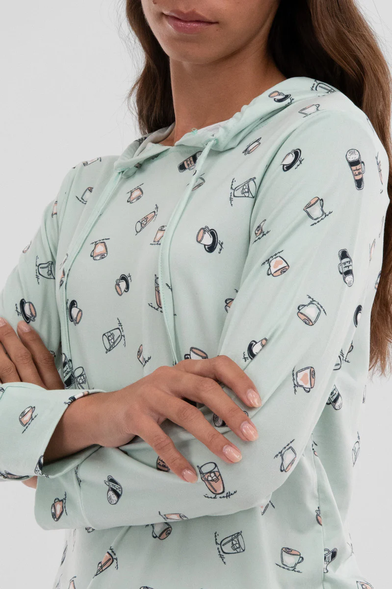Canada Weather Gear Coffee Print Hooded Pajama Top - Mint - Image 4