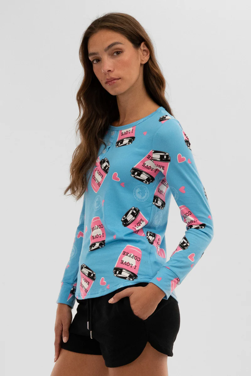 Canada Weather Gear Coffee Print Henley Pajama Top - Blue - Image 2