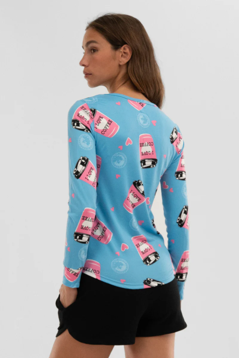 Canada Weather Gear Coffee Print Henley Pajama Top - Blue - Image 3