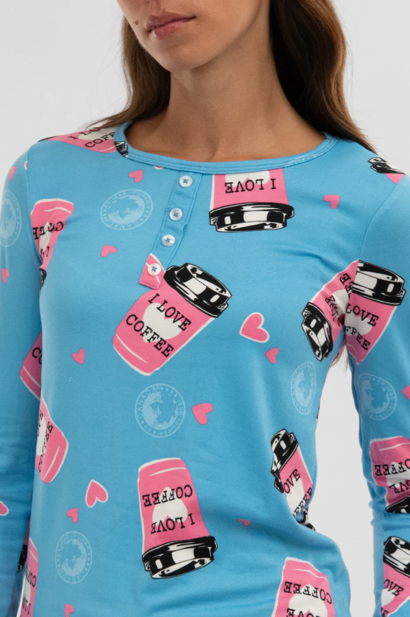 Canada Weather Gear Coffee Print Henley Pajama Top - Blue - Image 4