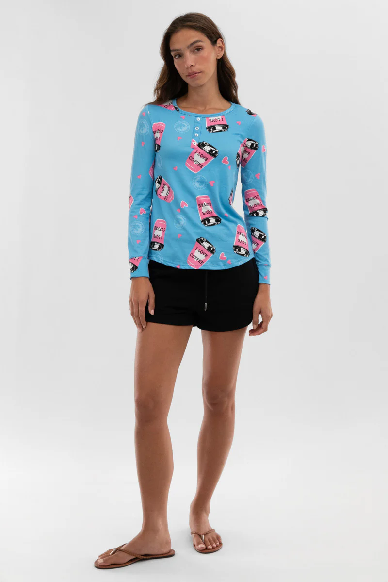 Canada Weather Gear Coffee Print Henley Pajama Top - Blue - Image 5