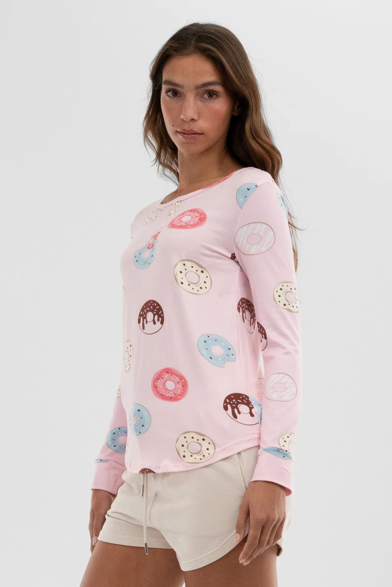 Canada Weather Gear Doughnut Print Henley Pajama Top - Pink - Image 2
