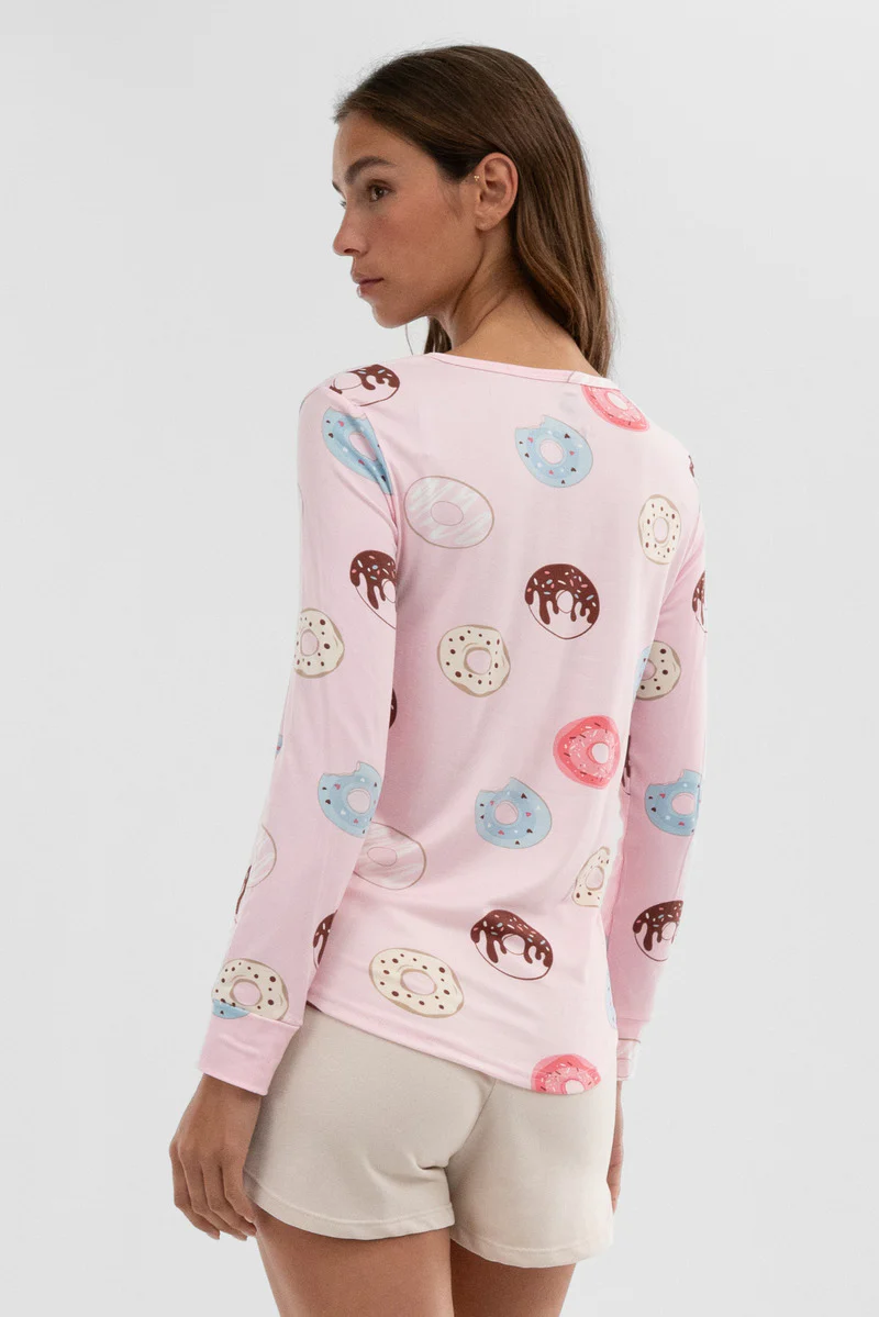 Canada Weather Gear Doughnut Print Henley Pajama Top - Pink - Image 3