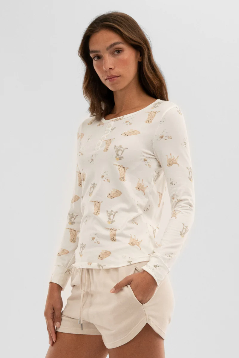Canada Weather Gear Dog Print Henley Pajama Top - Beige - Image 2