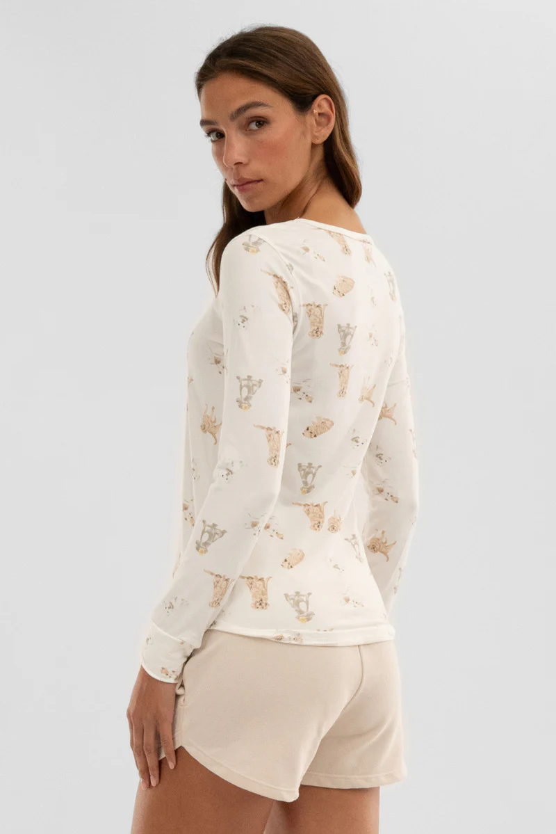 Canada Weather Gear Dog Print Henley Pajama Top - Beige - Image 3
