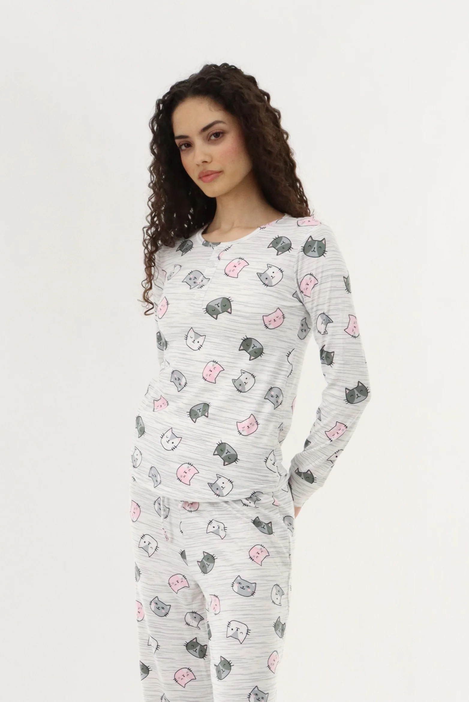 Canada Weather Gear Long Sleeve Cat Print Pajama Top - Grey - Image 2