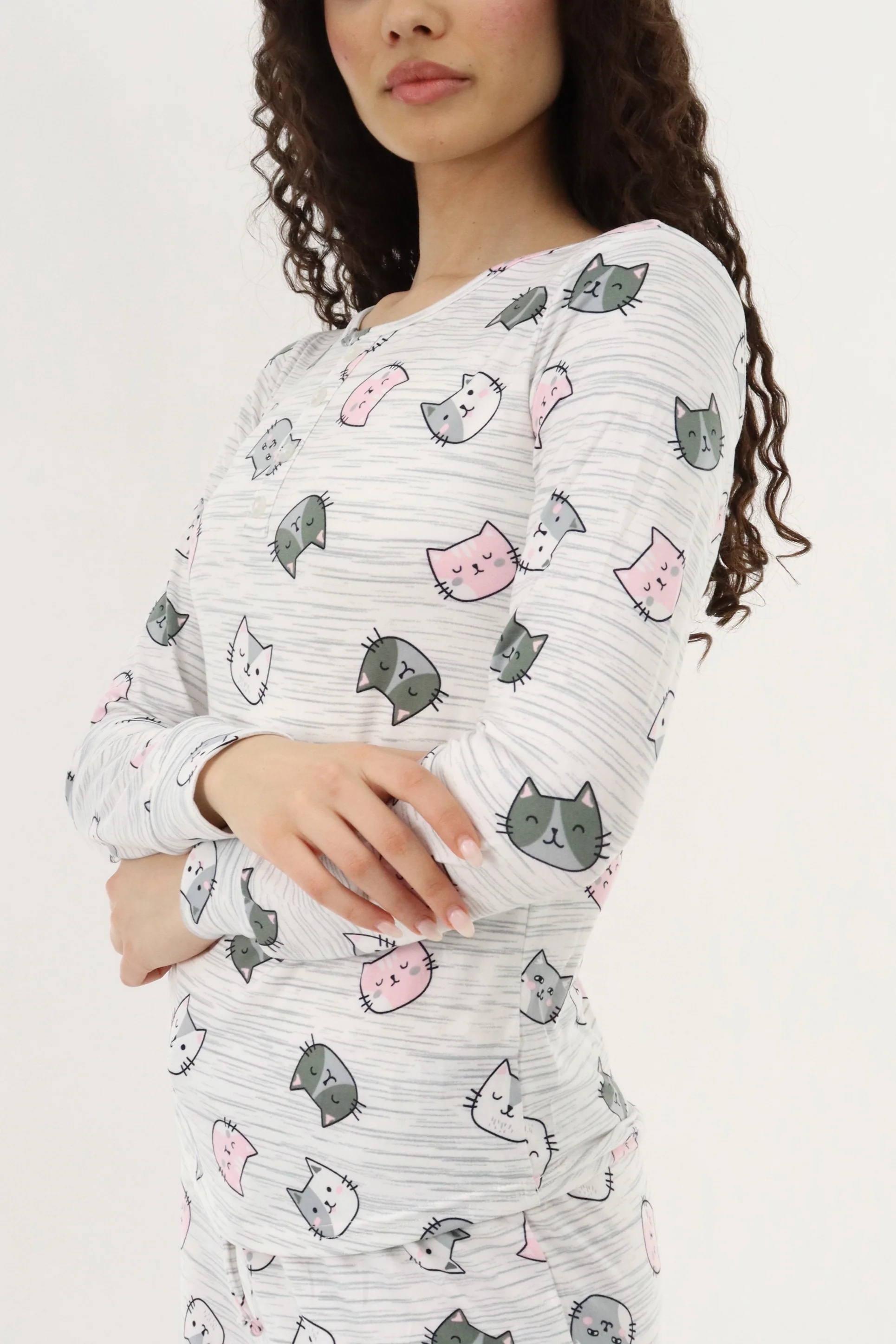 Canada Weather Gear Long Sleeve Cat Print Pajama Top - Grey - Image 4