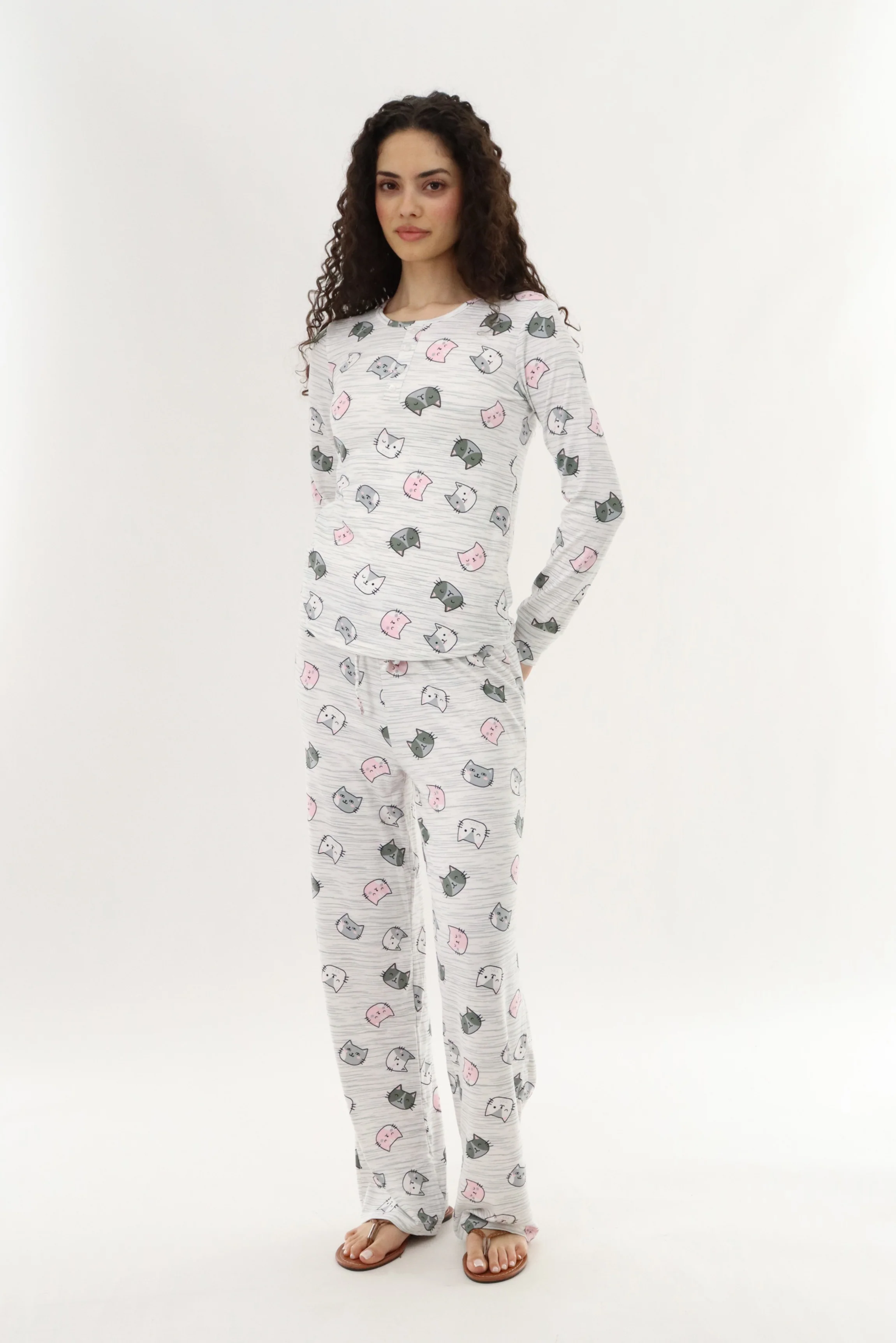 Canada Weather Gear Long Sleeve Cat Print Pajama Top - Grey - Image 5