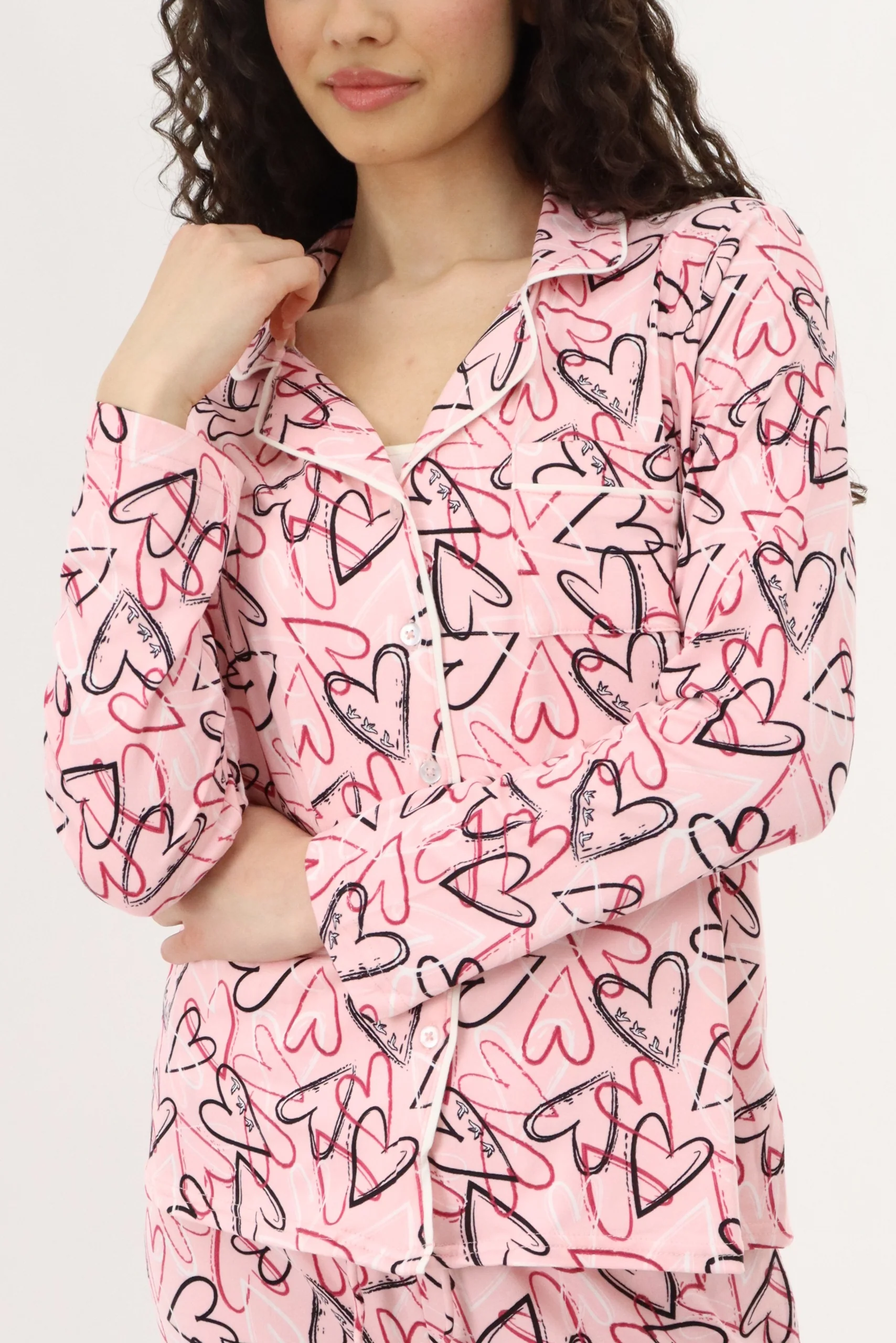 Canada Weather Gear Heart Print Button Up Pajama Top - Magenta - Image 4