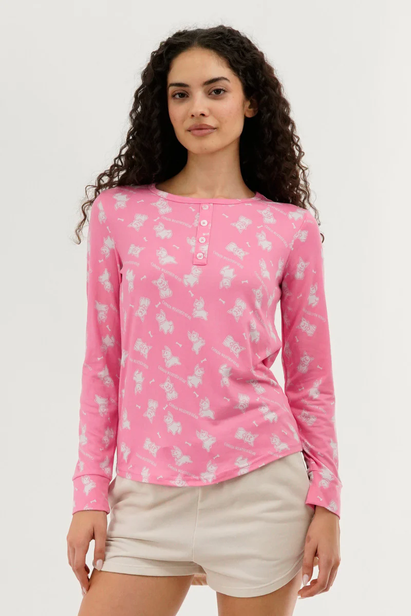 Canada Weather Gear Dog Print Henley Pajama Top - Pink