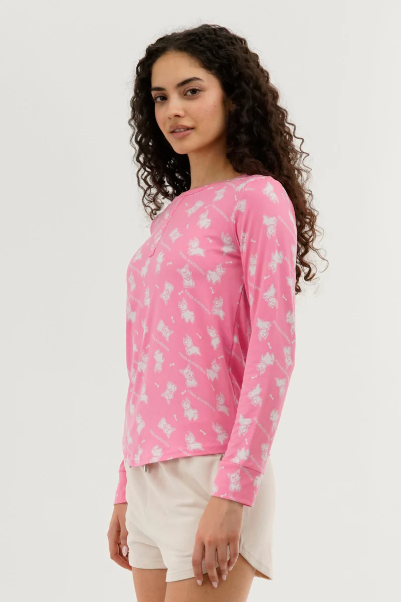 Canada Weather Gear Dog Print Henley Pajama Top - Pink - Image 2