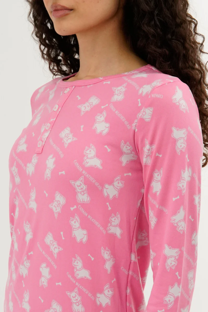Canada Weather Gear Dog Print Henley Pajama Top - Pink - Image 3